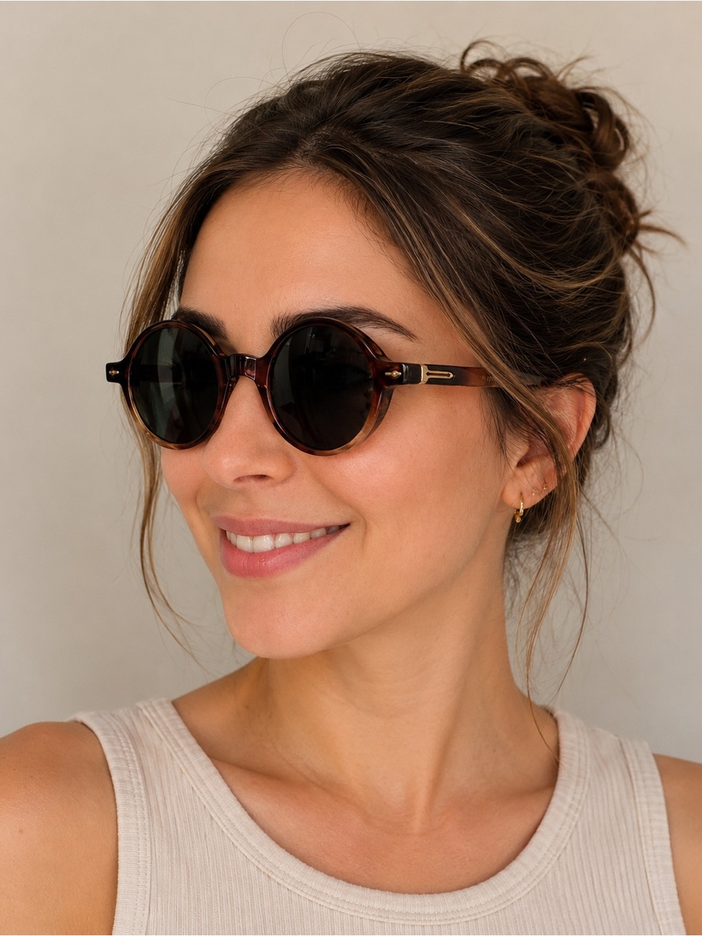 #35 Vintage Round Sunglasses – Brown Fade and cream with Green Lenses